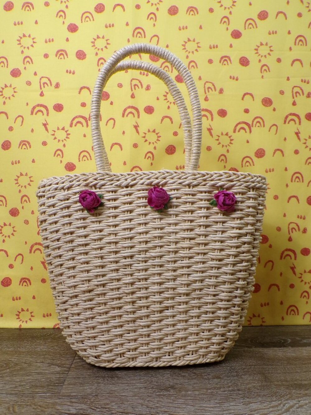 Woven Corn Husk Bucket Style Women's Handbag with Accent Rose Buds